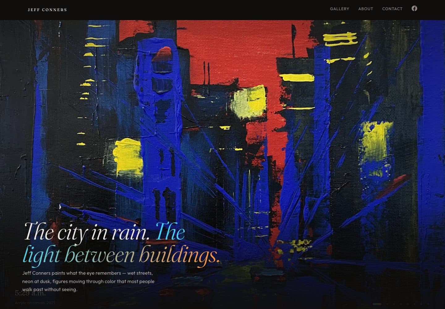 The Jeff Conners Art homepage: a full-bleed painting of a rainy city at night under the headline The city in rain