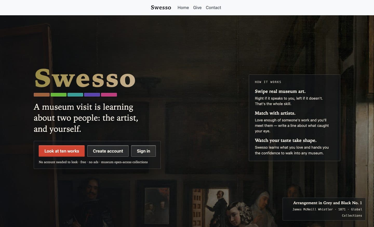 The Swesso homepage: a dark museum painting behind the Swesso wordmark and a how-it-works panel